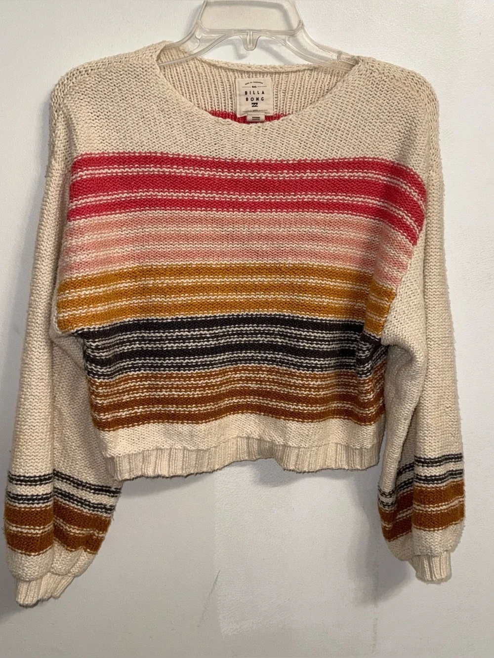 $60 PRE-OWNED Billabong Seeing Multi-Colored Stripes Cropped Pullover Sweater M
